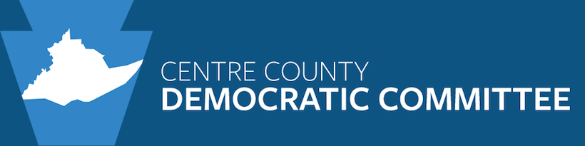 Centre County Democratic Committee Logo with a dark blue background, a light blue keystone on the left side of the image, and a white cutout of Centre County in the middle of the keystone.